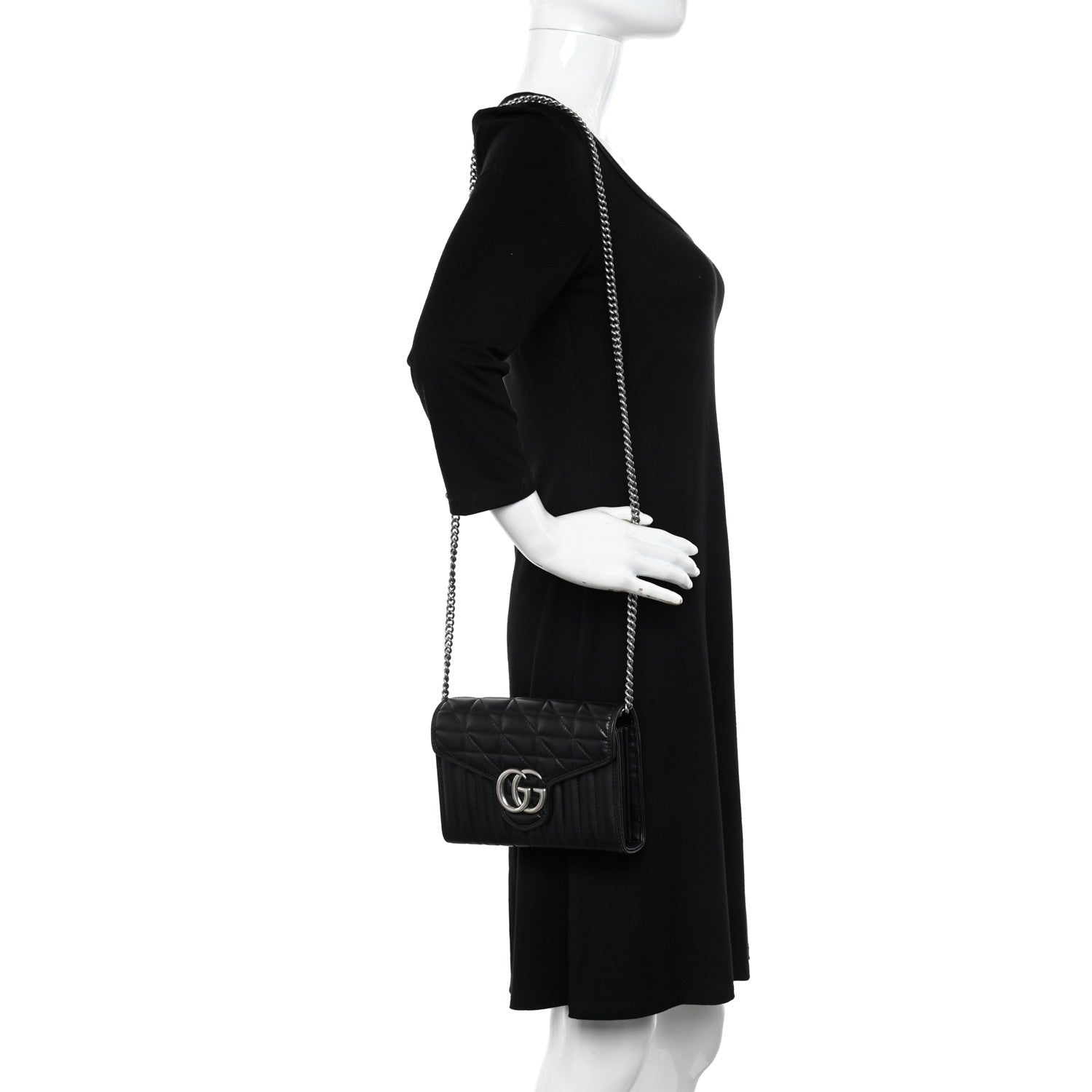 Gucci Calfskin Matelasse Aria GG Marmont Chain Wallet Black 2 of 12