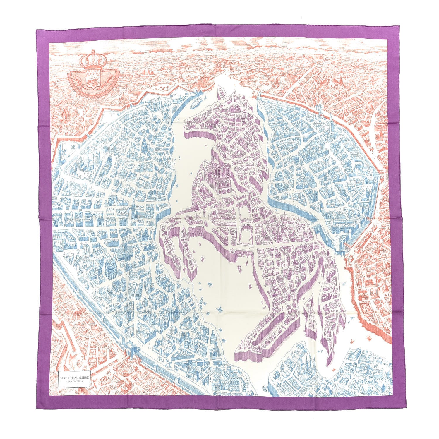 Hermes Cashmere Silk La Cite Cavaliere Shawl 140 Mauve Petrole Coral 1 of 3