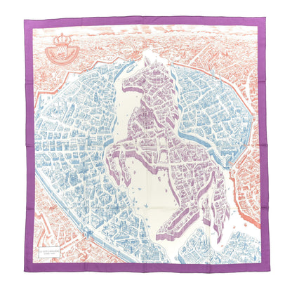 Hermes Cashmere Silk La Cite Cavaliere Shawl 140 Mauve Petrole Coral 1 of 3