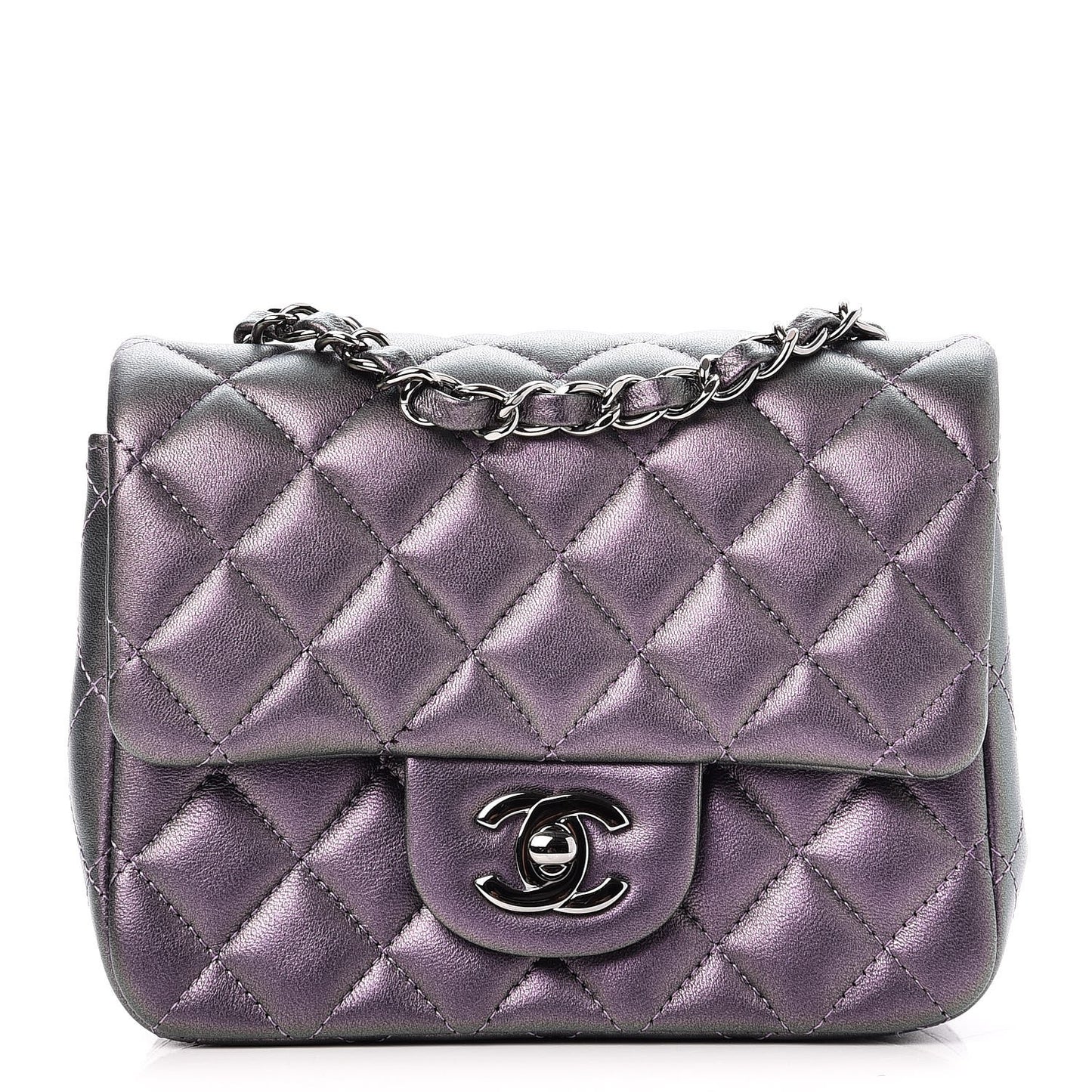 Iridescent Lambskin Quilted Mini Square Flap Dark Purple