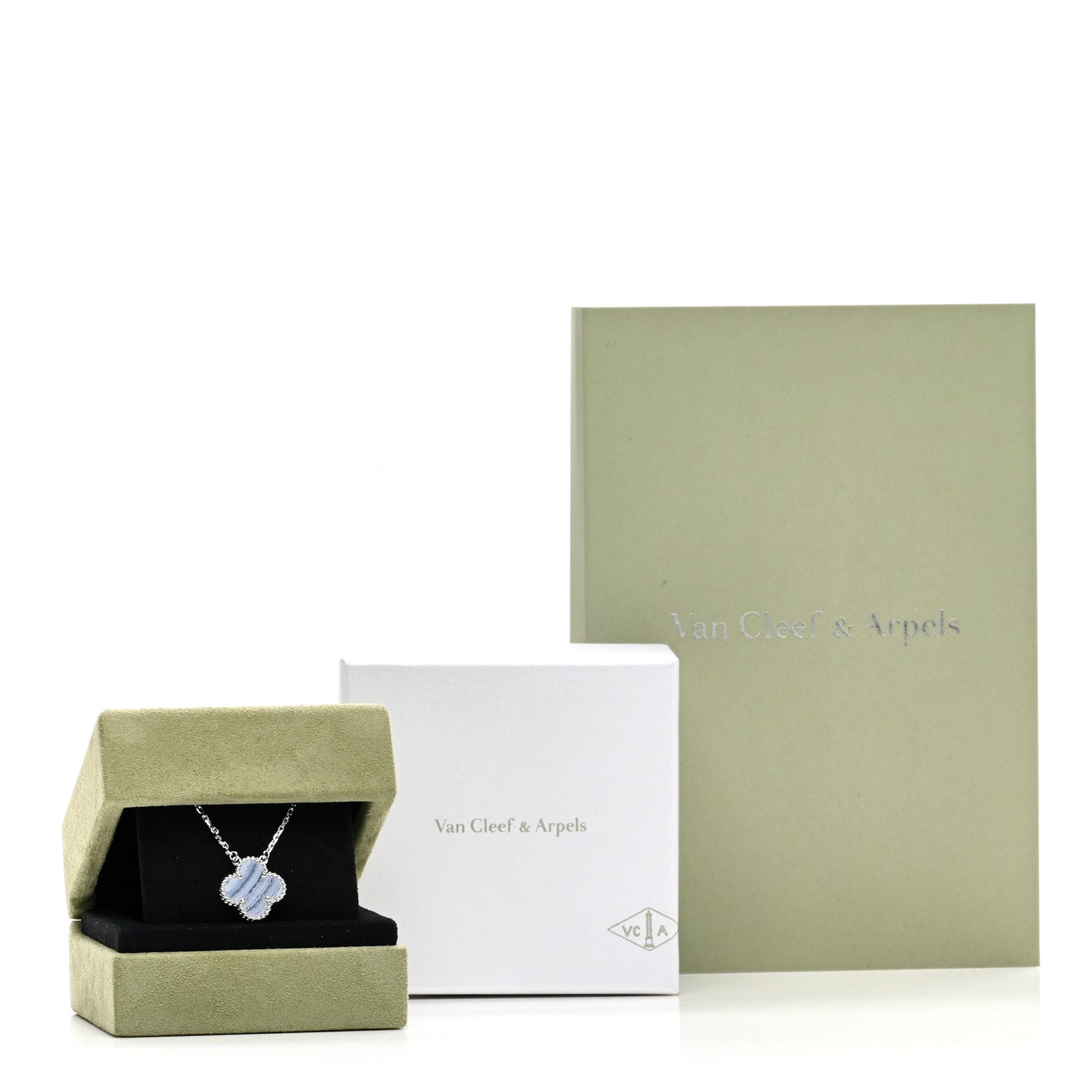 18k White Gold Chalcedony Vintage Alhambra Pendant Necklace