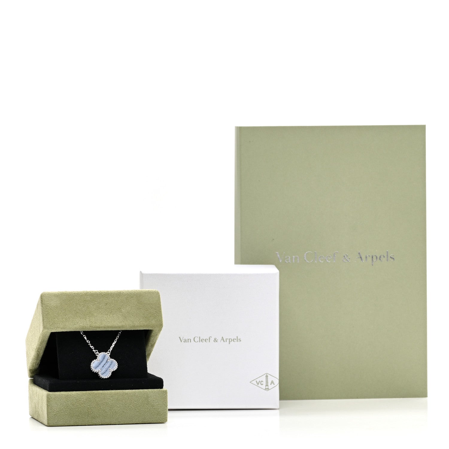 Van Cleef & Arpels 18k White Gold Chalcedony Vintage Alhambra Pendant Necklace 6 of 6