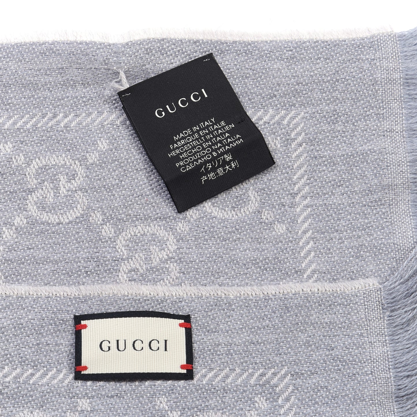 Wool Jacquard GG Monogram Sten Fringe Scarf Zinc Light Grey