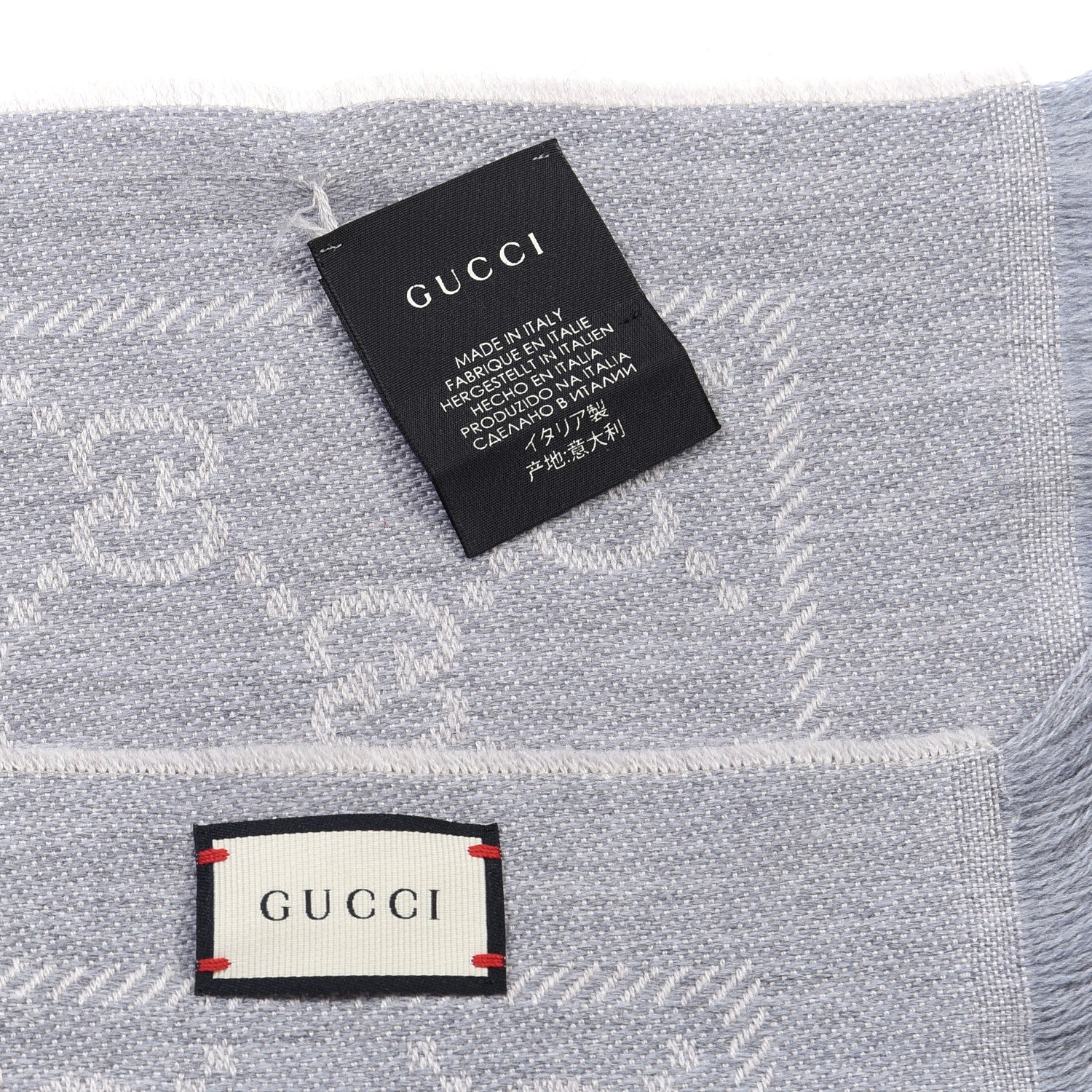Gucci Wool Jacquard GG Monogram Sten Fringe Scarf Zinc Light Grey 2 of 4