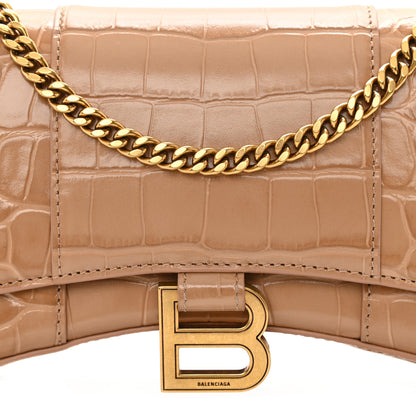 Balenciaga Shiny Calfskin Crocodile Embossed Hourglass Chain Bag Nude Beige 7 of 7