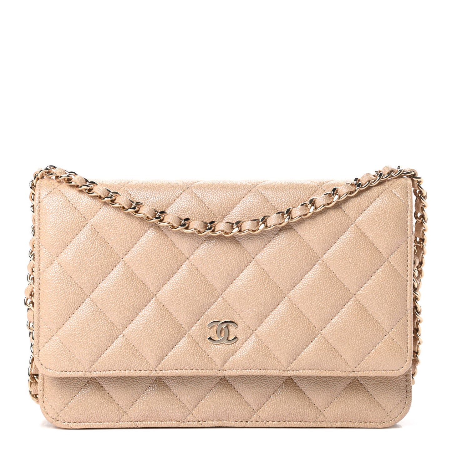 Iridescent Caviar Quilted Wallet On Chain WOC Beige