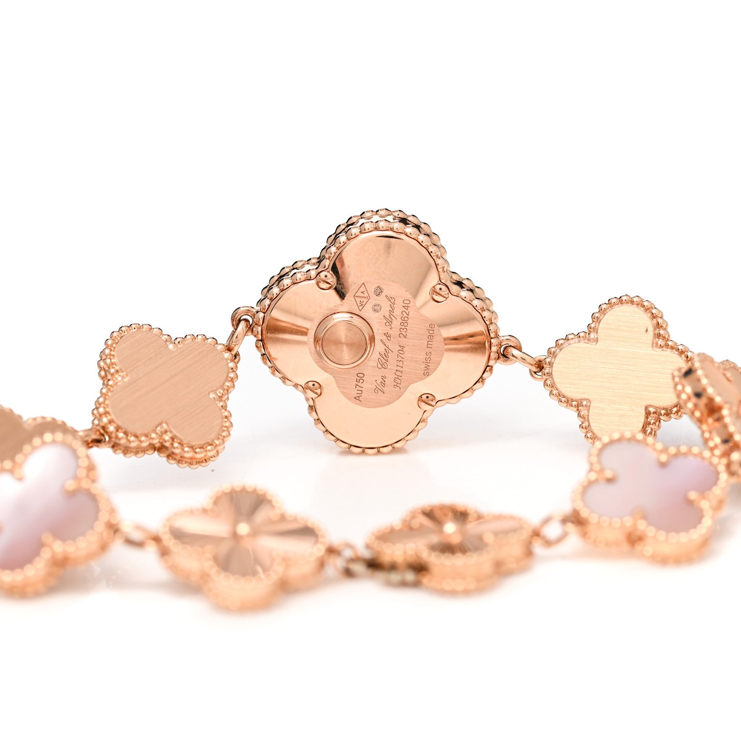 Van Cleef & Arpels 18K Rose Gold Pink Mother of Pearl 23mm Alhambra Guilloche Quartz Watch 4 of 5