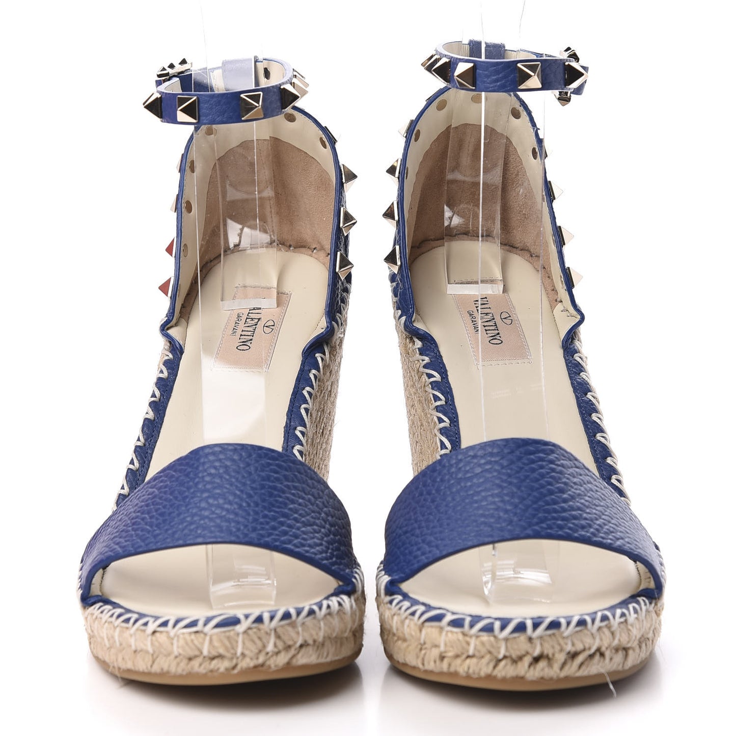 Grained Calfskin Rockstud Ankle Strap Espadrille 15/105mm Wedge Sandals 38 Blu Delft Natural
