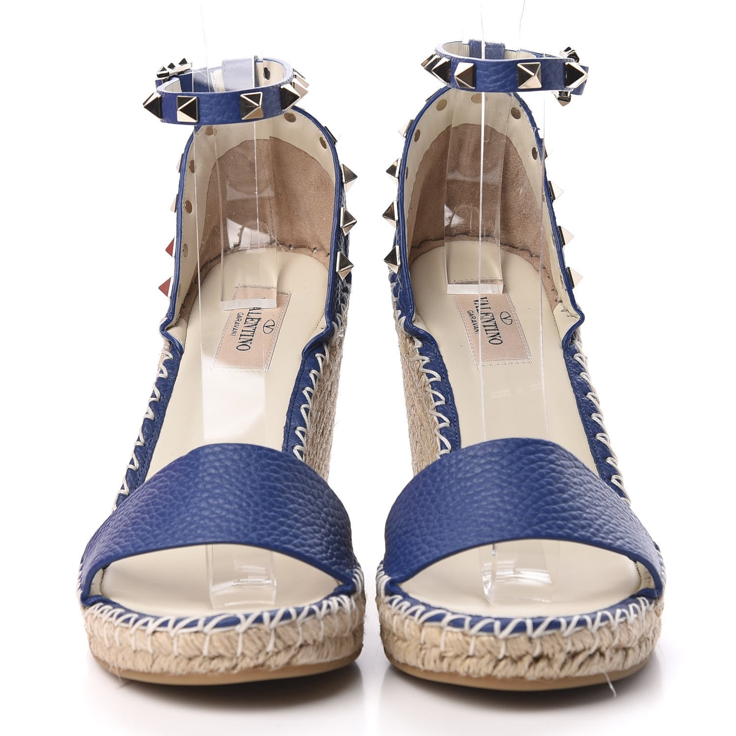 Valentino Garavani Grained Calfskin Rockstud Ankle Strap Espadrille 15/105mm Wedge Sandals 38 Blu Delft Natural 3 of 8