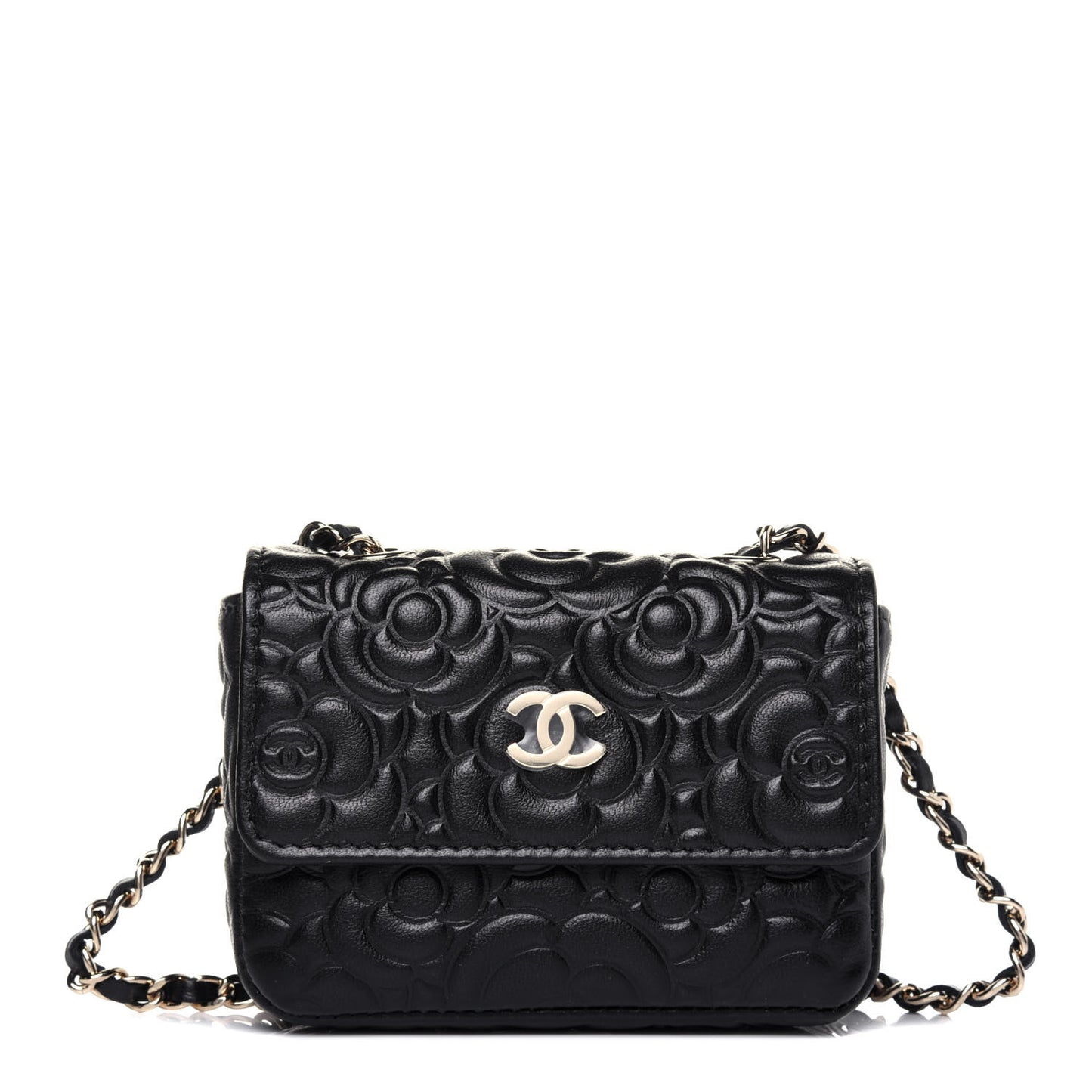 Lambskin Camellia Embossed Chain Belt Bag Black