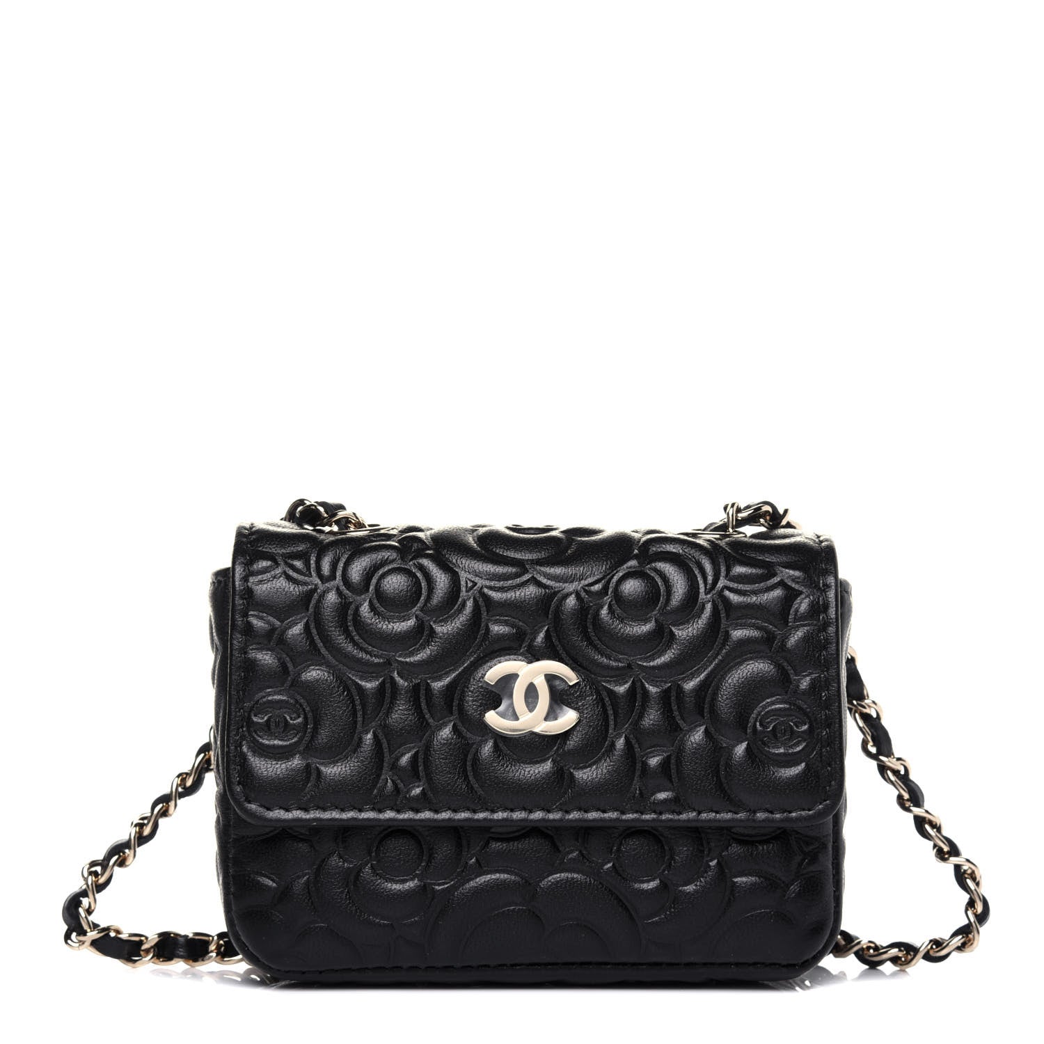 Chanel Lambskin Camellia Embossed Chain Belt Bag Black 1 of 14