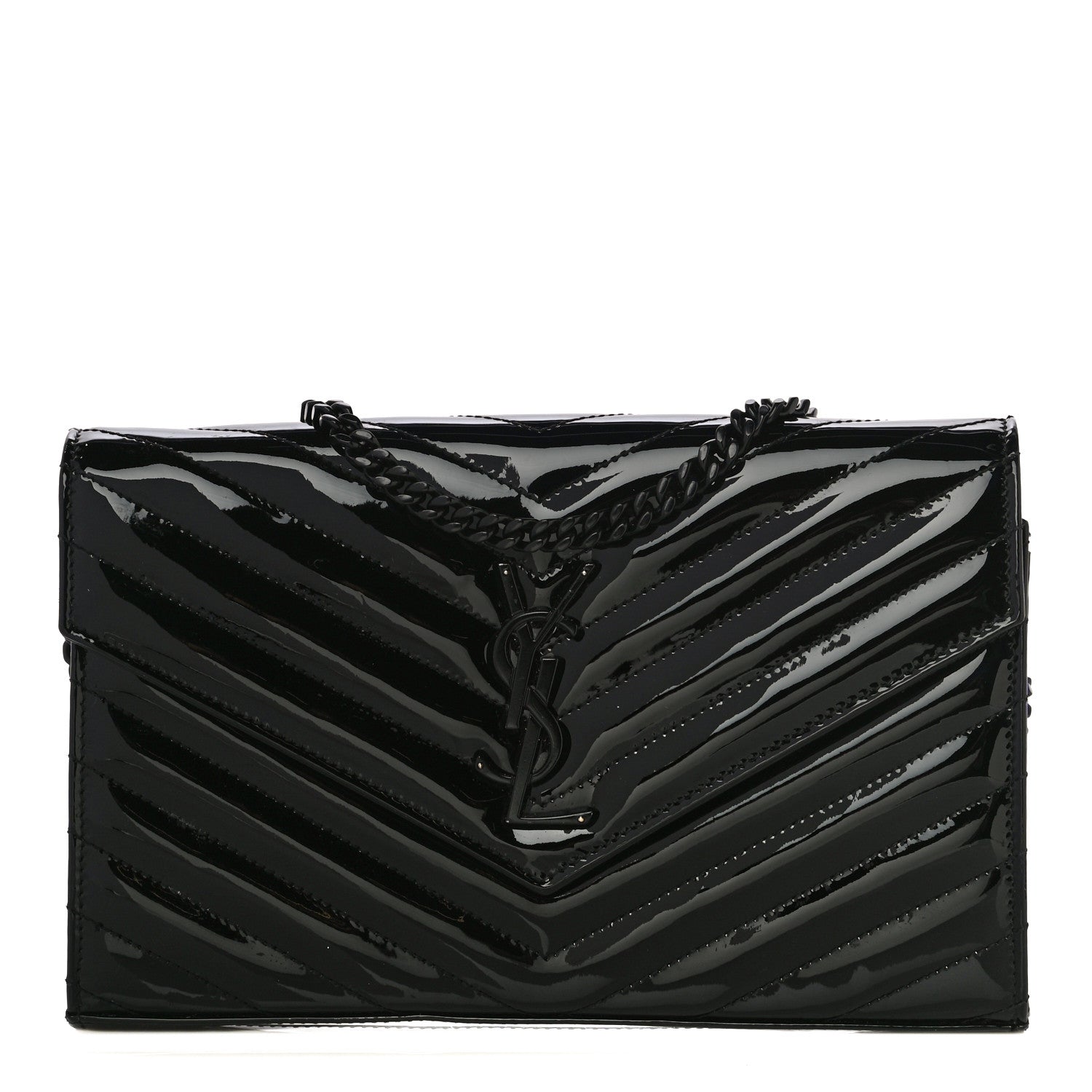 Saint Laurent Patent Matelasse Chevron Monogram Chain Wallet Black 1 of 18