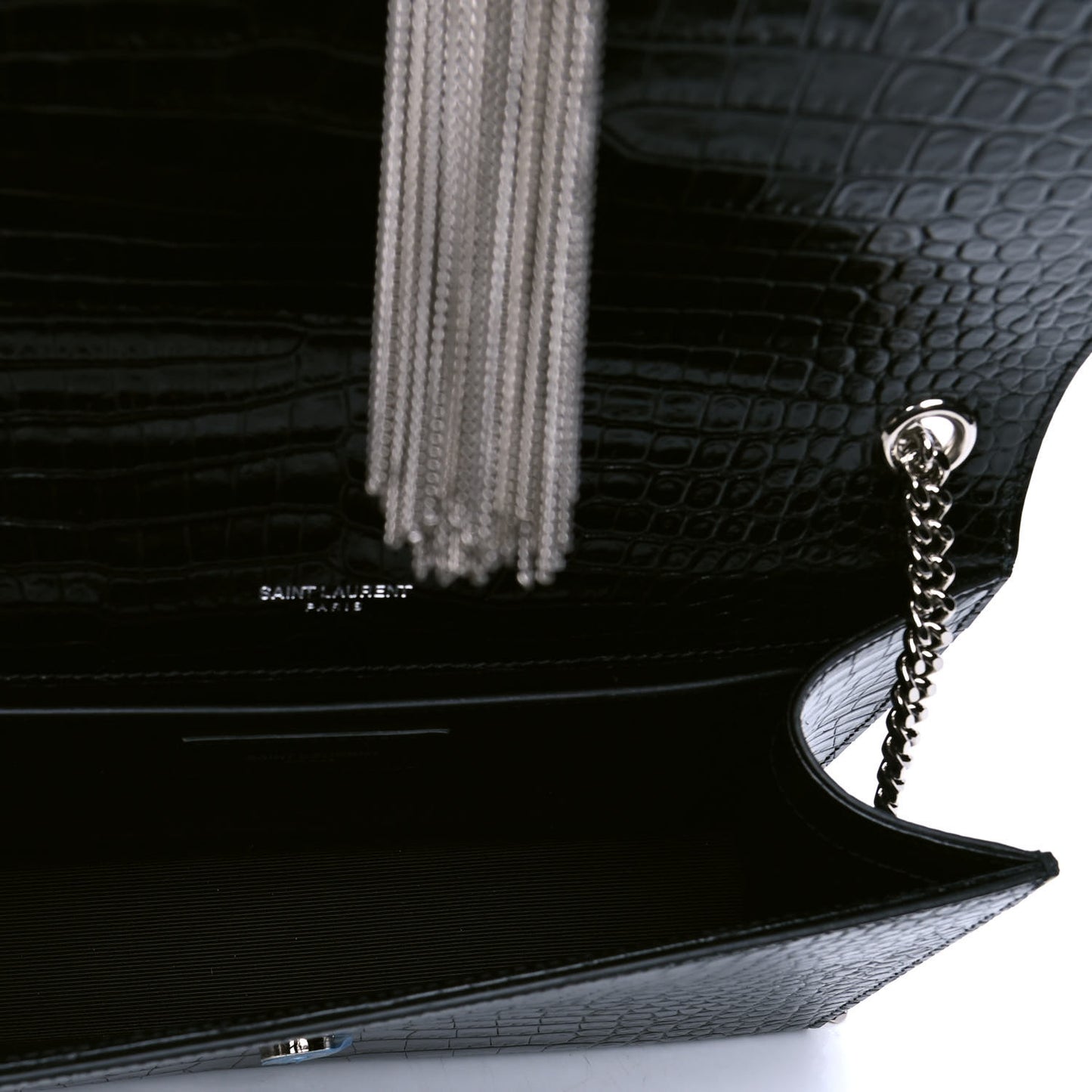 Calfskin Crocodile Embossed Medium Classic Monogram Kate Tassel Satchel Black