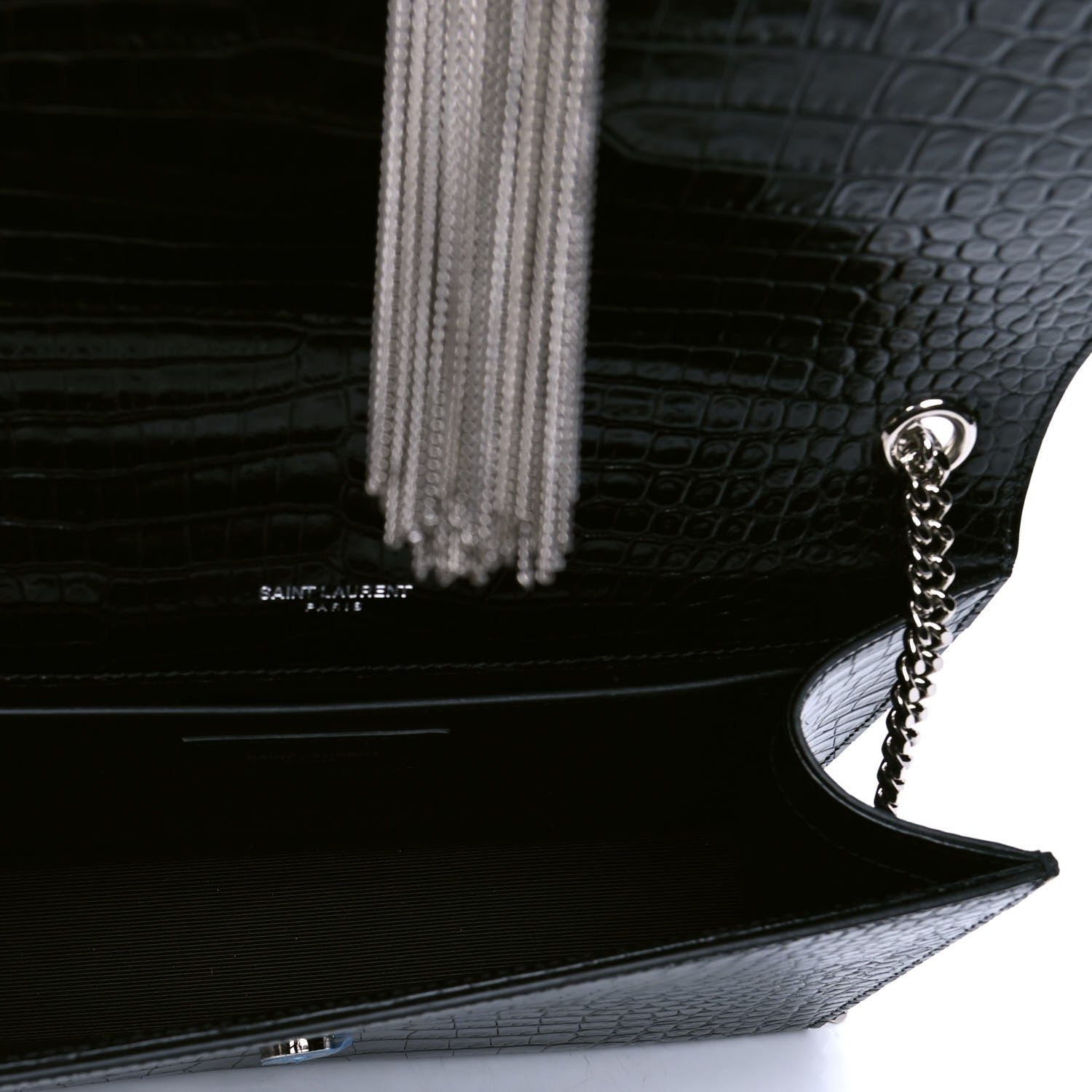 Saint Laurent Calfskin Crocodile Embossed Medium Classic Monogram Kate Tassel Satchel Black 4 of 5