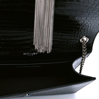 Saint Laurent Calfskin Crocodile Embossed Medium Classic Monogram Kate Tassel Satchel Black 4 of 5