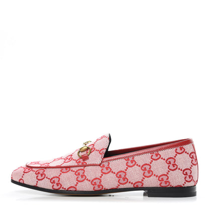Gucci Canvas GG Monogram Horsebit Womens Jordaan Loafers 36.5 Gardenia Hibiscus Red 1 of 9