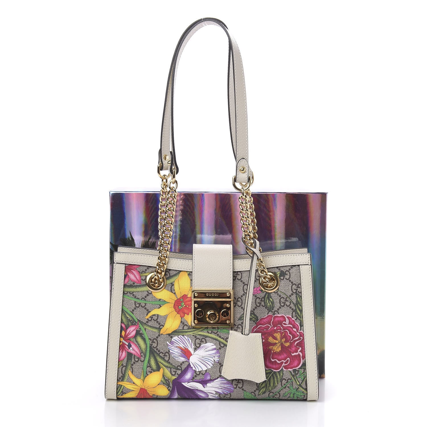 Gucci GG Supreme Monogram Flora Textured Calfskin Small Padlock Tote Beige Ebony Multicolor Mystic White 10 of 10