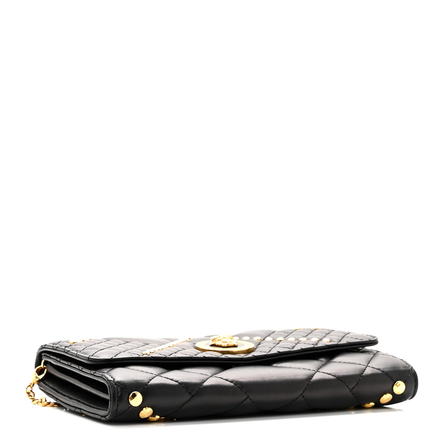 Versace Lambskin Studded Quilted Medusa Wallet on Chain Crossbody Black Gold 4 of 9