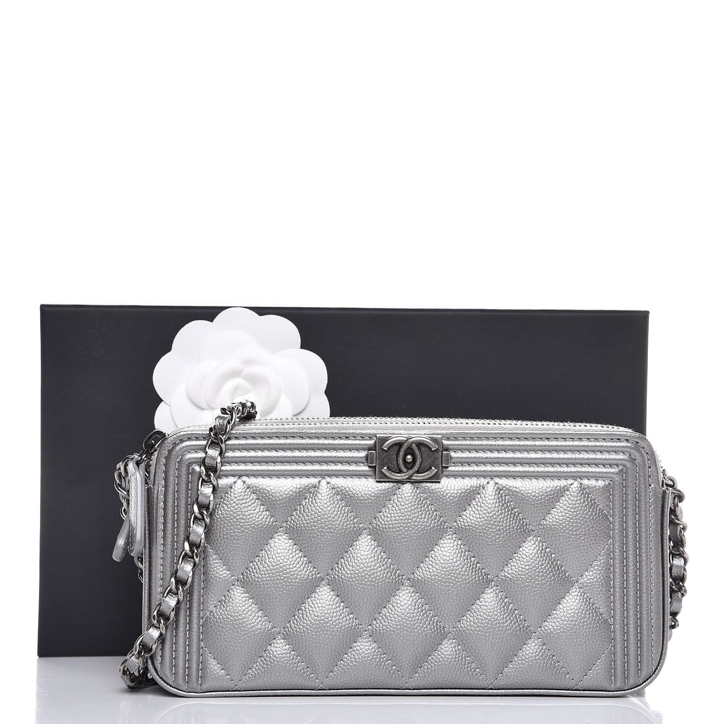 Metallic Caviar Quilted Small Boy Clutch With Chain Silver