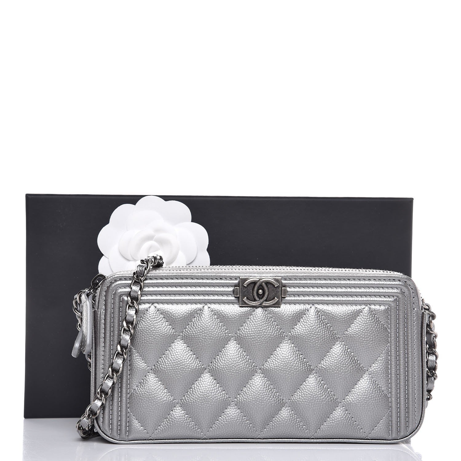 Chanel Metallic Caviar Quilted Small Boy Clutch With Chain Silver 10 of 10