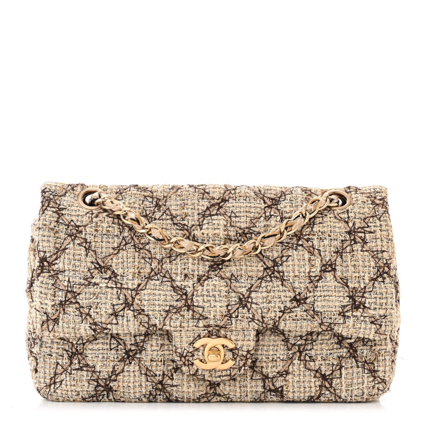 Metallic Tweed Quilted Medium Single Flap Beige Multicolor