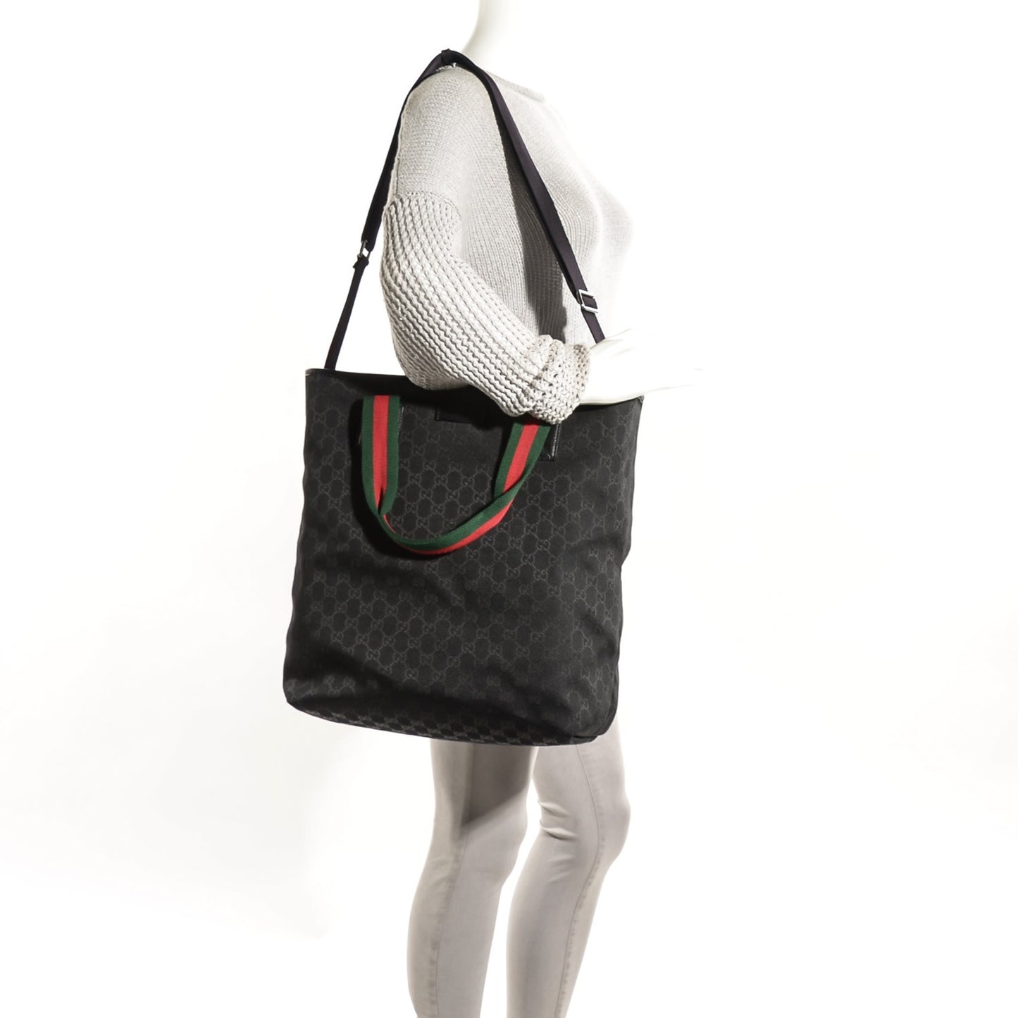 GG Monogram Medium Web Handle Vertical Tote Black