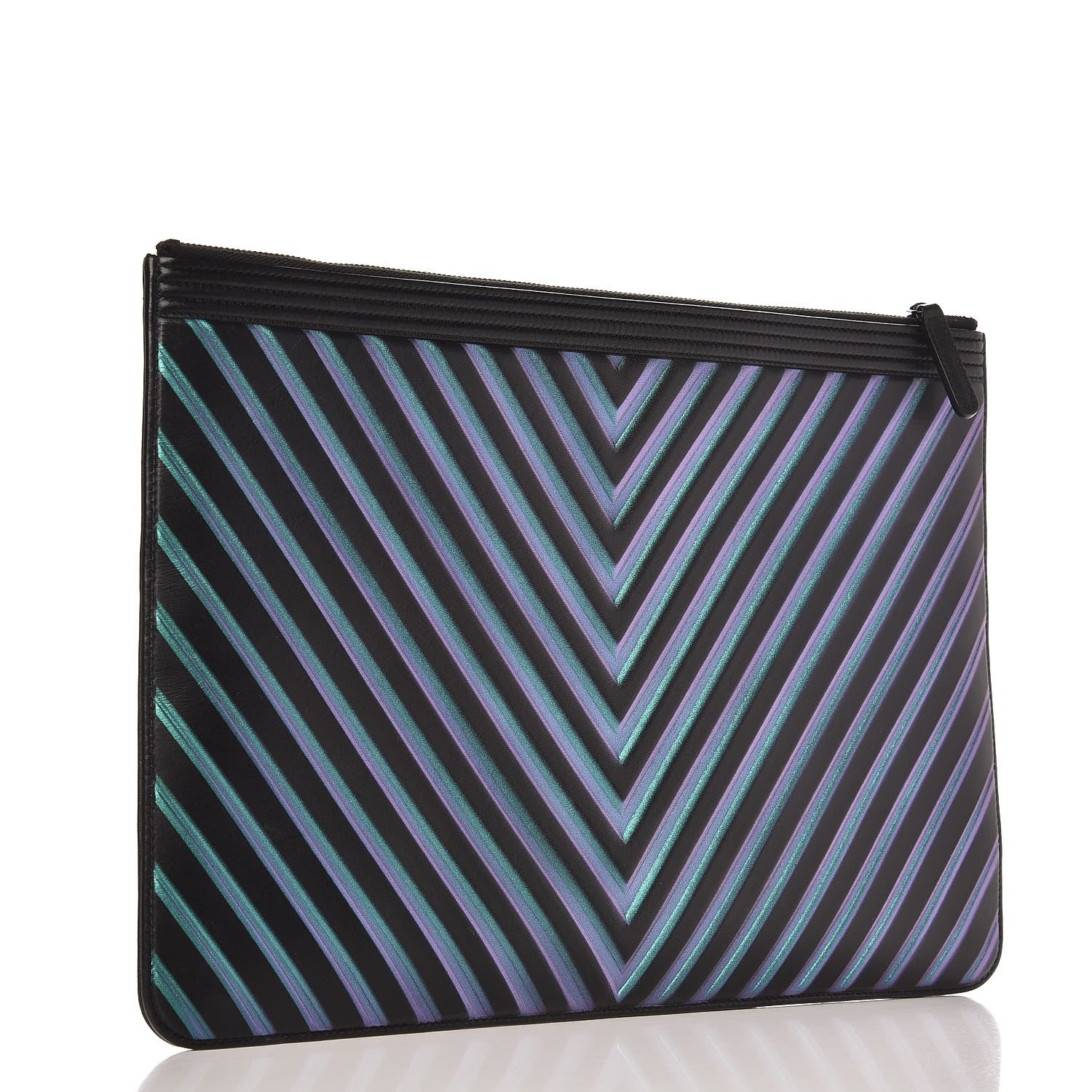 Chanel Calfskin Painted Chevron Embossed Large Boy Zip Pouch Black 3 of 10