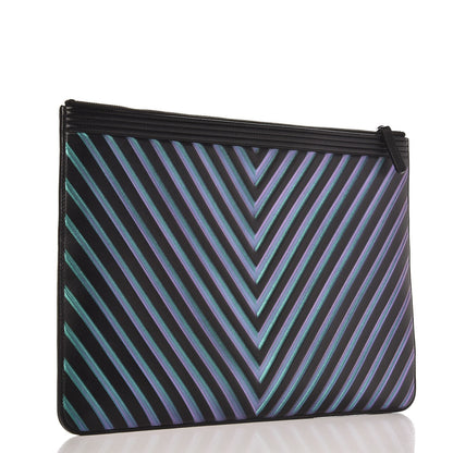 Chanel Calfskin Painted Chevron Embossed Large Boy Zip Pouch Black 3 of 10