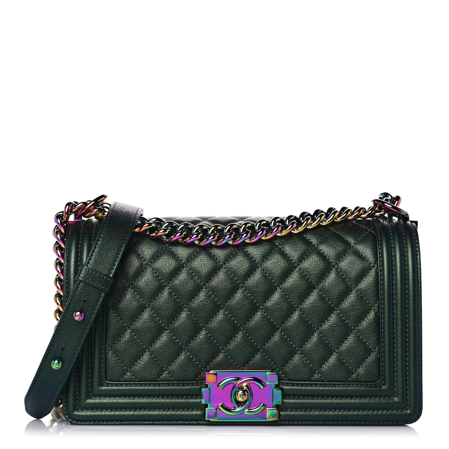 Iridescent Goatskin Quilted Medium Boy Flap Green