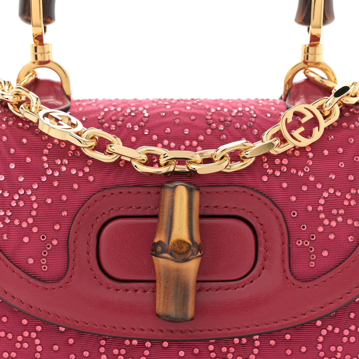 Gucci Moire Fabric Calfskin Rhinestone Monogram Monochrome Mini Bamboo 1947 Top Handle Chain Bag Dark Cherry Red 8 of 10