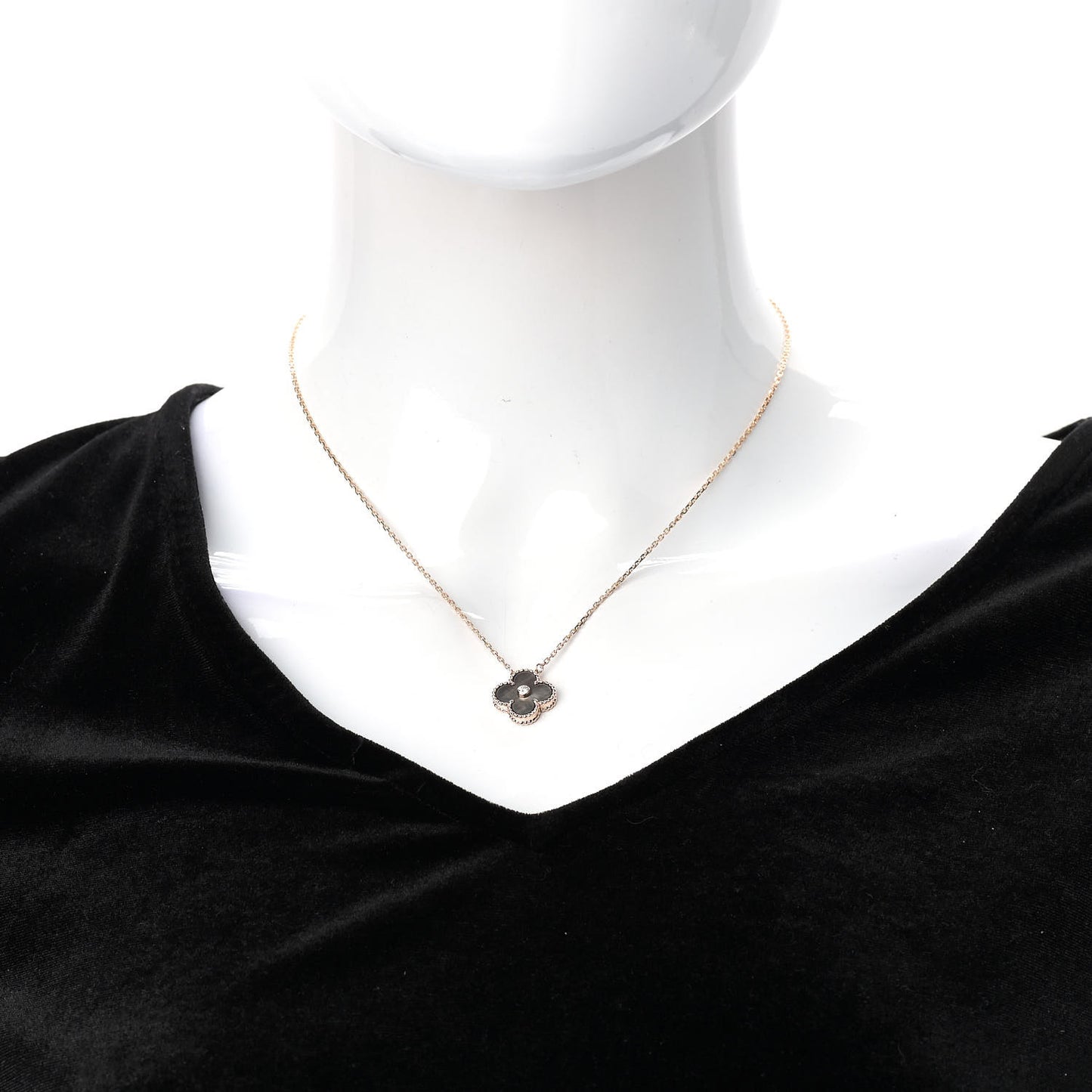 18K Rose Gold Diamond Grey Mother of Pearl Vintage Alhambra Pendant Necklace
