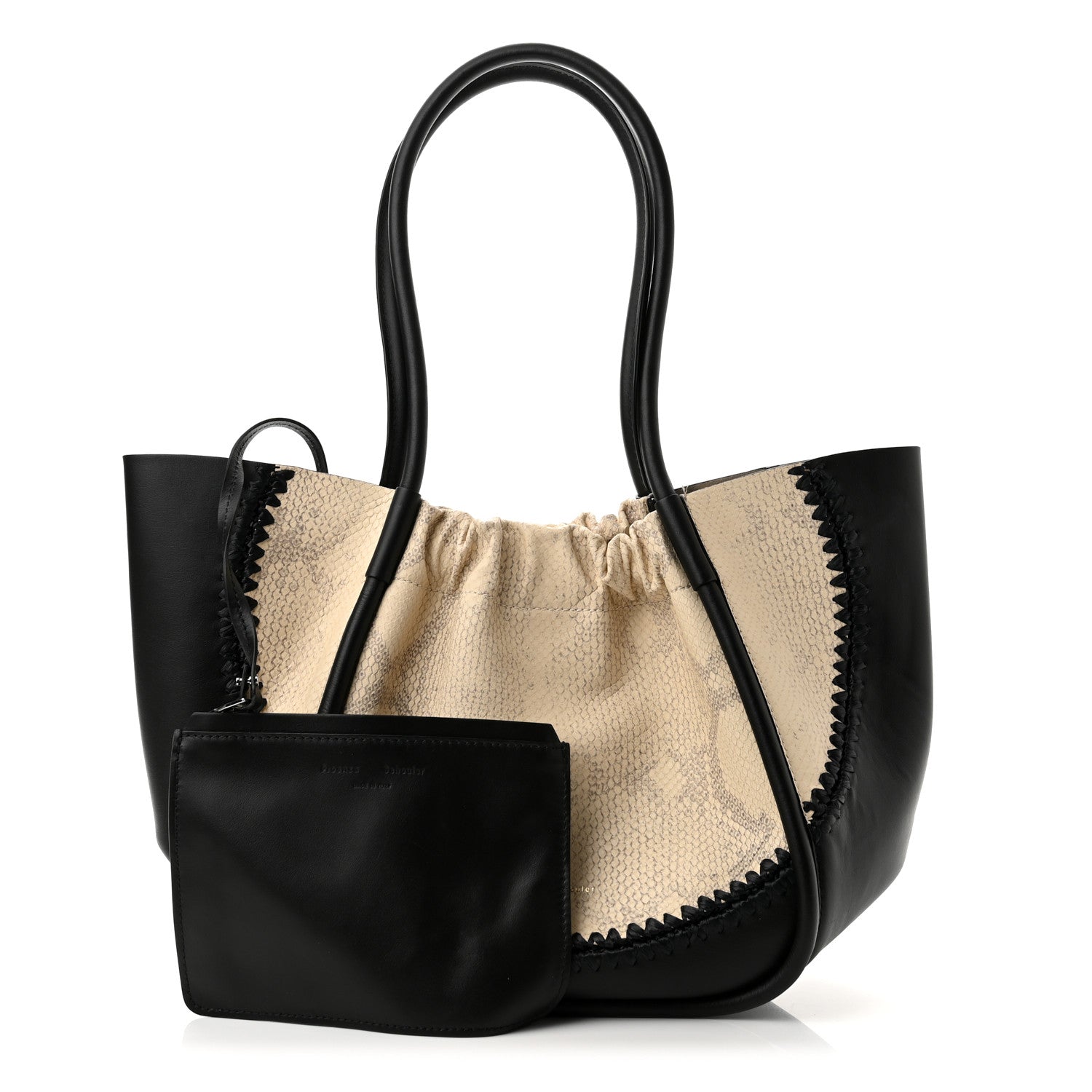 Proenza Schouler Calfskin Snakeskin Embossed Large Ruched Tote Beige Black 1 of 11