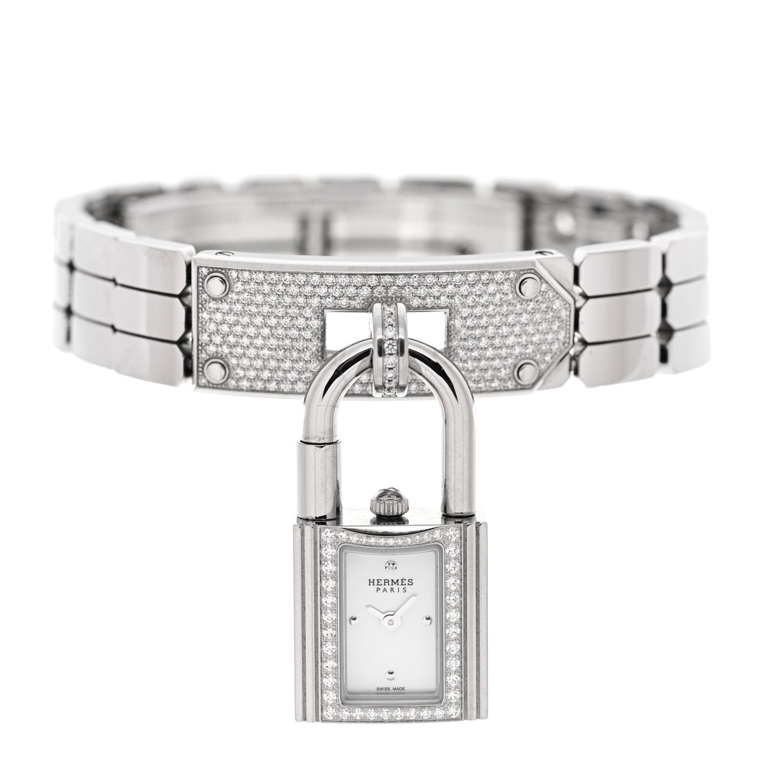 Hermes Stainless Steel Diamond Pave 16mm Kelly Quartz Watch 2 of 5