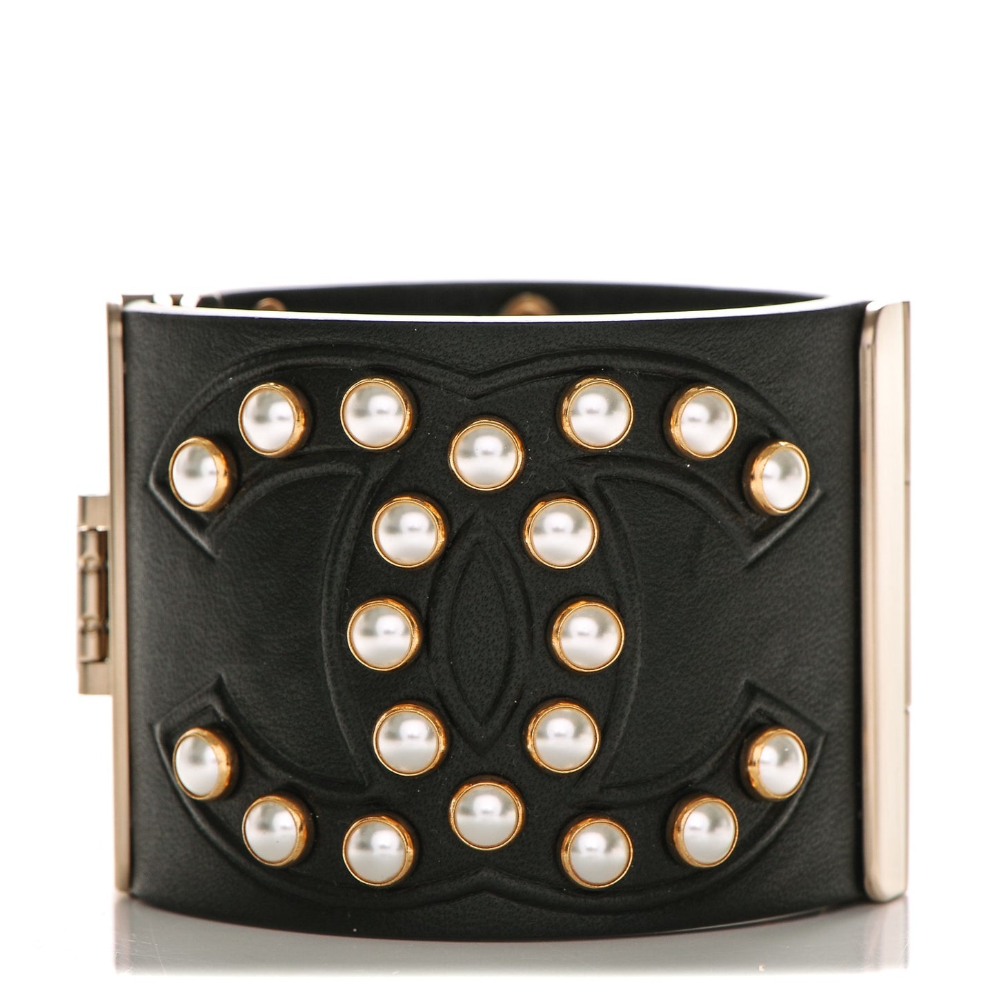 Lambskin Calfskin Pearl CC Cuff Bracelet Black Gold