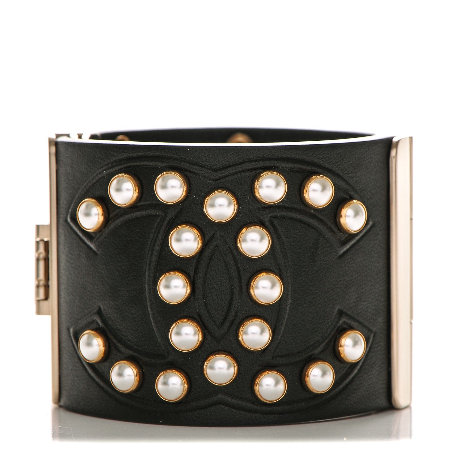 Chanel Lambskin Calfskin Pearl CC Cuff Bracelet Black Gold 1 of 5