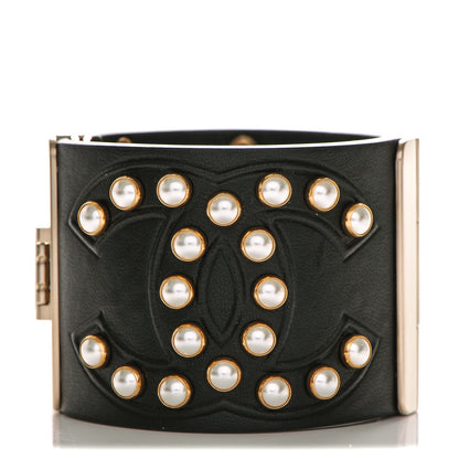 Chanel Lambskin Calfskin Pearl CC Cuff Bracelet Black Gold 1 of 5