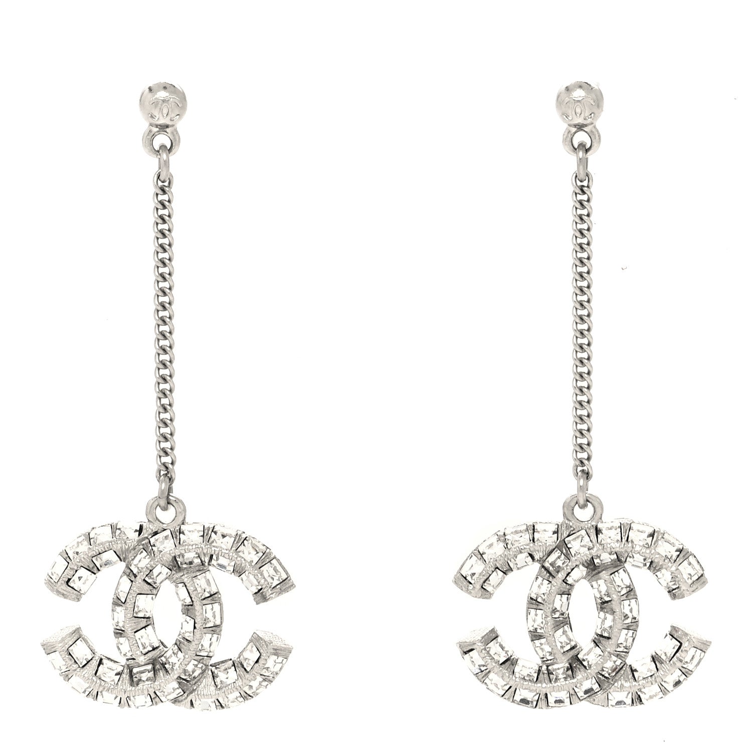 Chanel Baguette Crystal CC Drop Earrings Silver 1 of 3