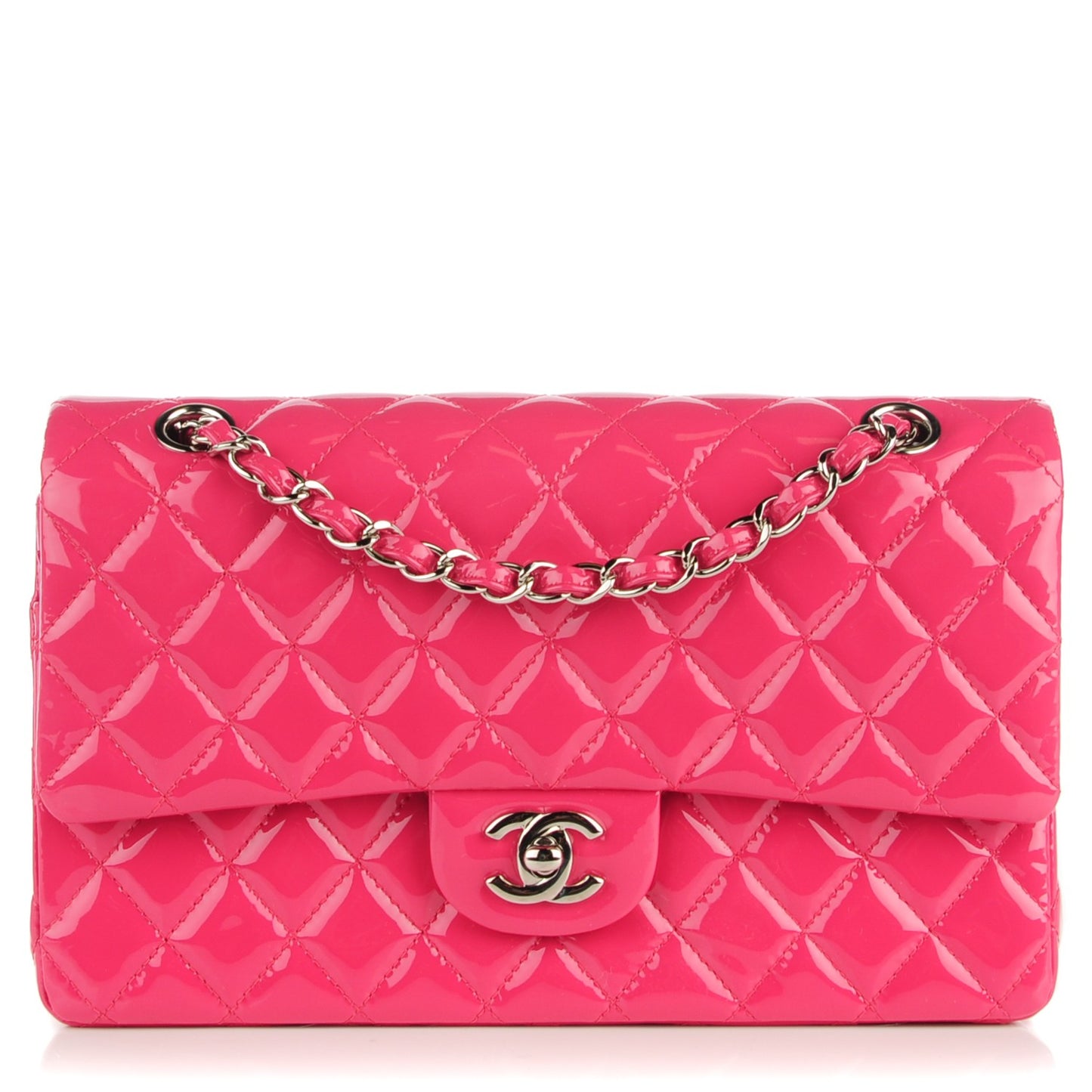 Patent Quilted Medium Double Flap Fuchsia