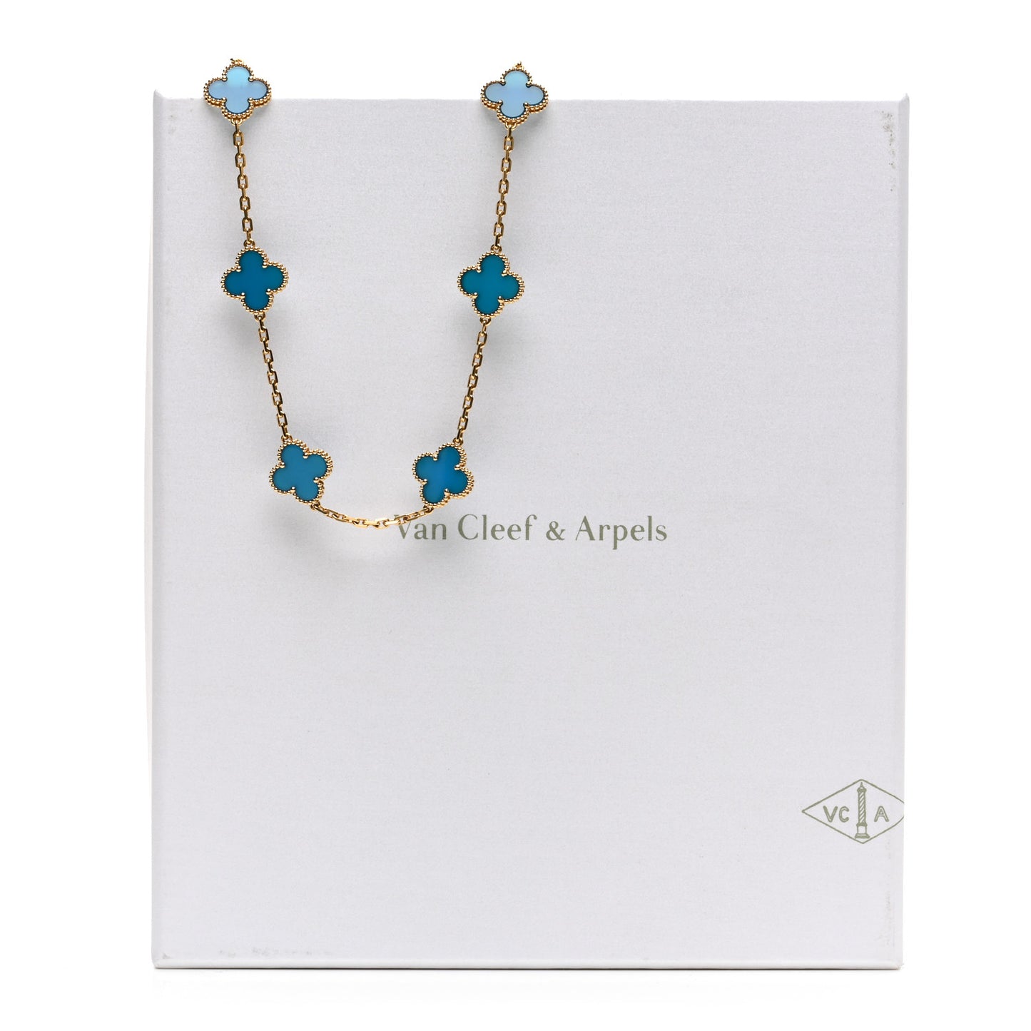 18K Yellow Gold Blue Agate 10 Motifs Vintage Alhambra Necklace