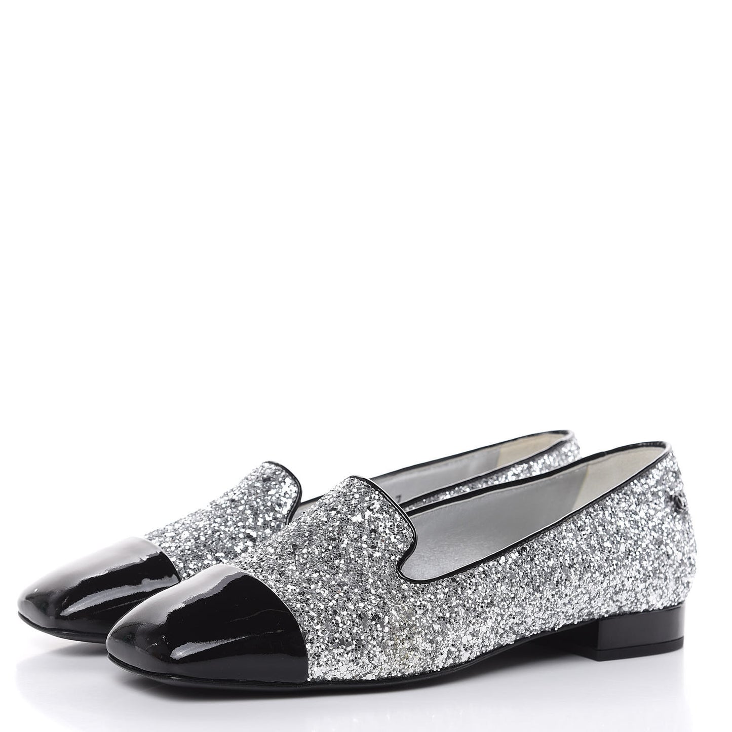 Glitter Fabric Patent Calfskin Mocassin Loafers 36.5 Black Silver