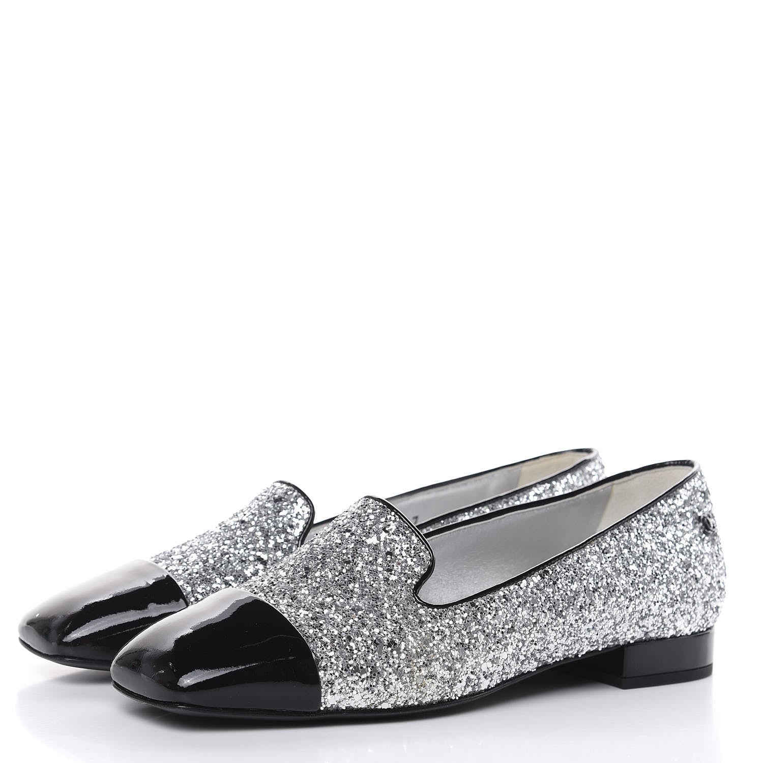 Chanel Glitter Fabric Patent Calfskin Mocassin Loafers 36.5 Black Silver 3 of 8