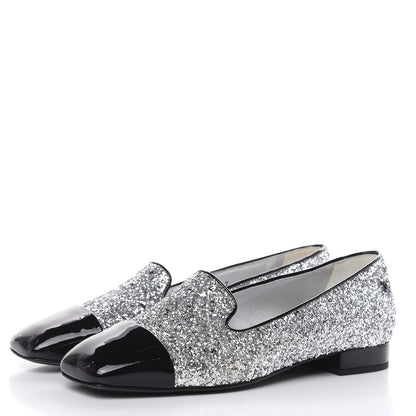 Chanel Glitter Fabric Patent Calfskin Mocassin Loafers 36.5 Black Silver 3 of 8