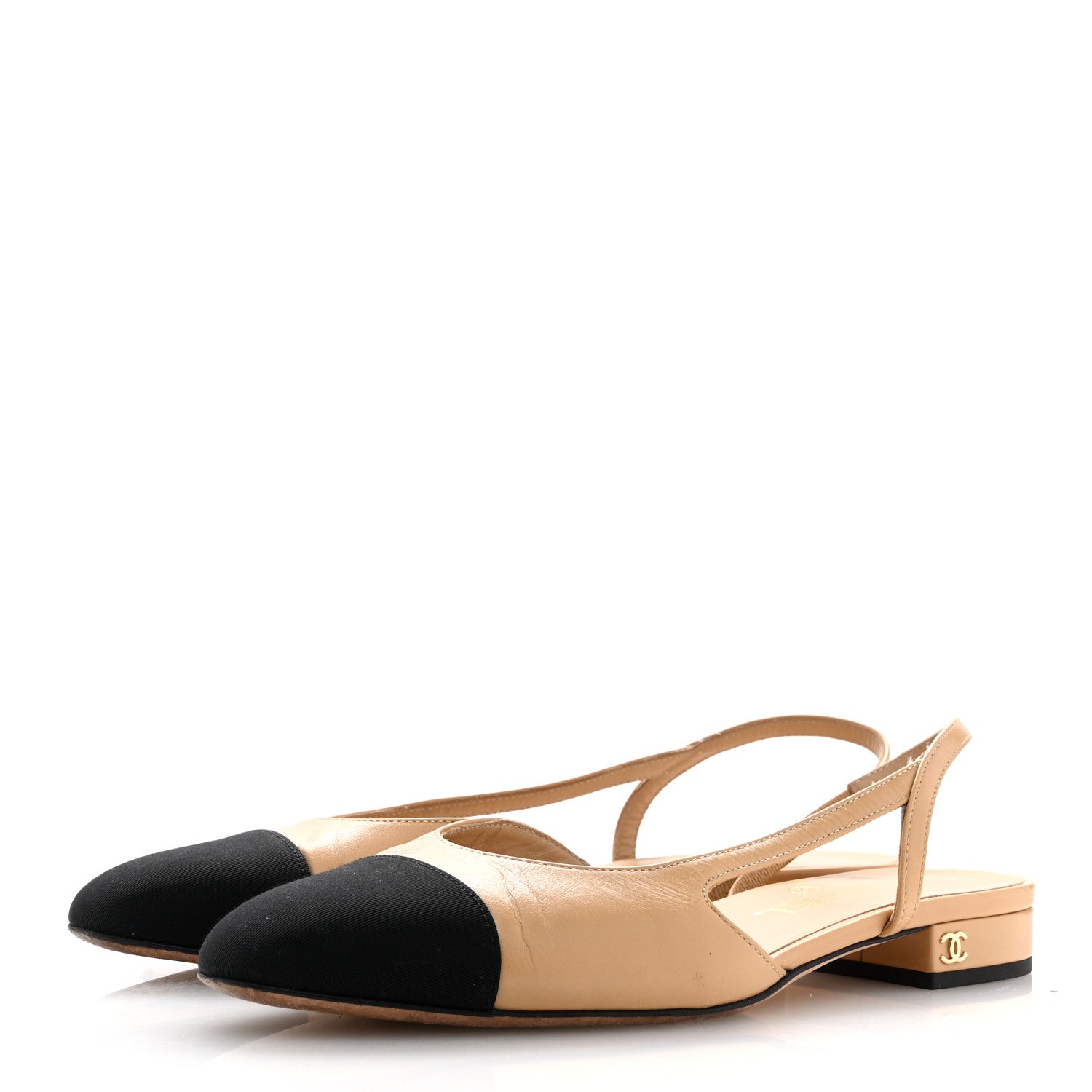 Chanel Goatskin Grosgrain Cap Toe CC Slingback Sandals 37.5 Beige Black 4 of 11