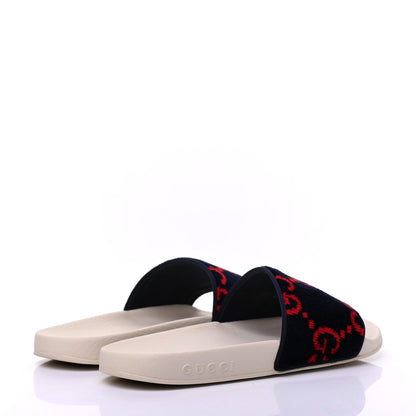 Gucci Velvet GG Monogram Slide Sandals 38 Blue Red 4 of 12