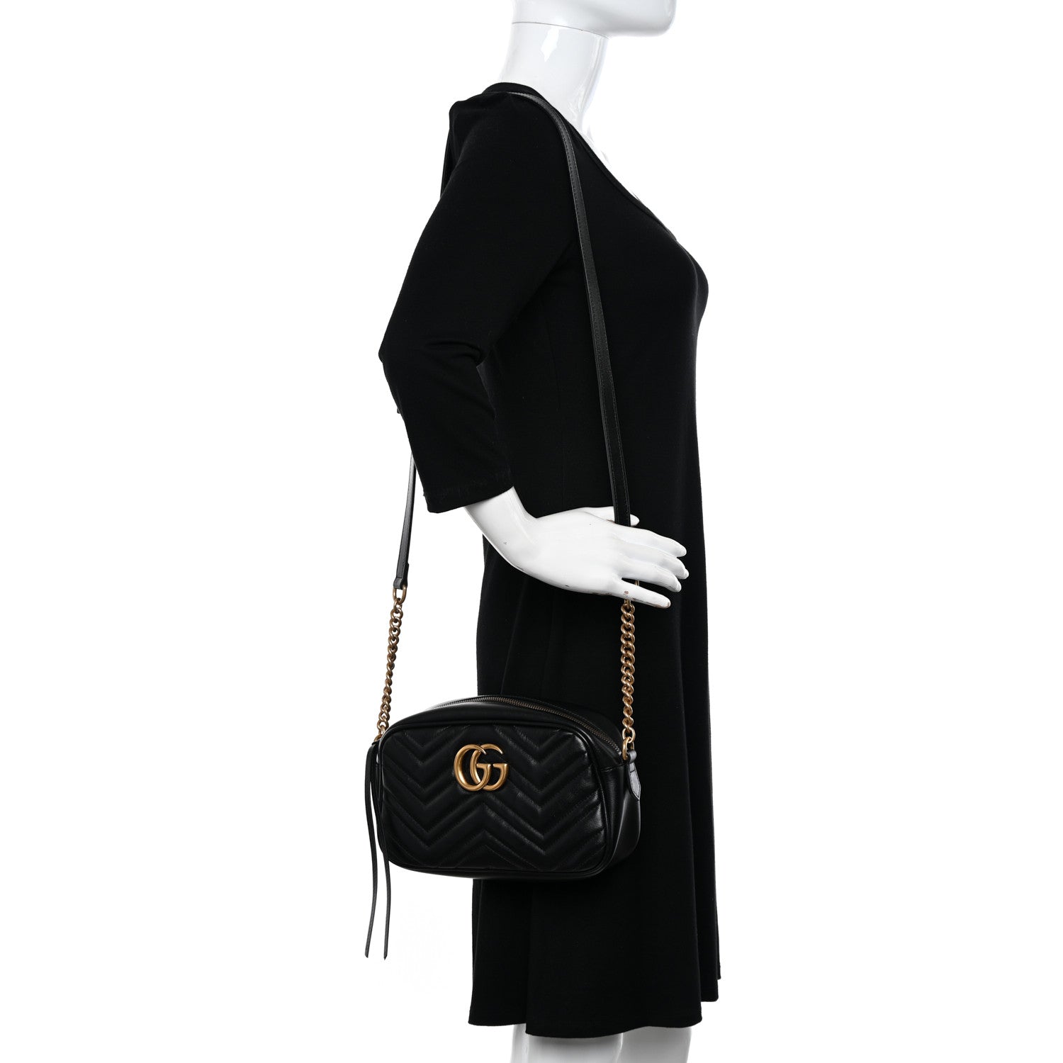 Gucci Calfskin Matelasse Small GG Marmont Chain Shoulder Bag Black 2 of 11
