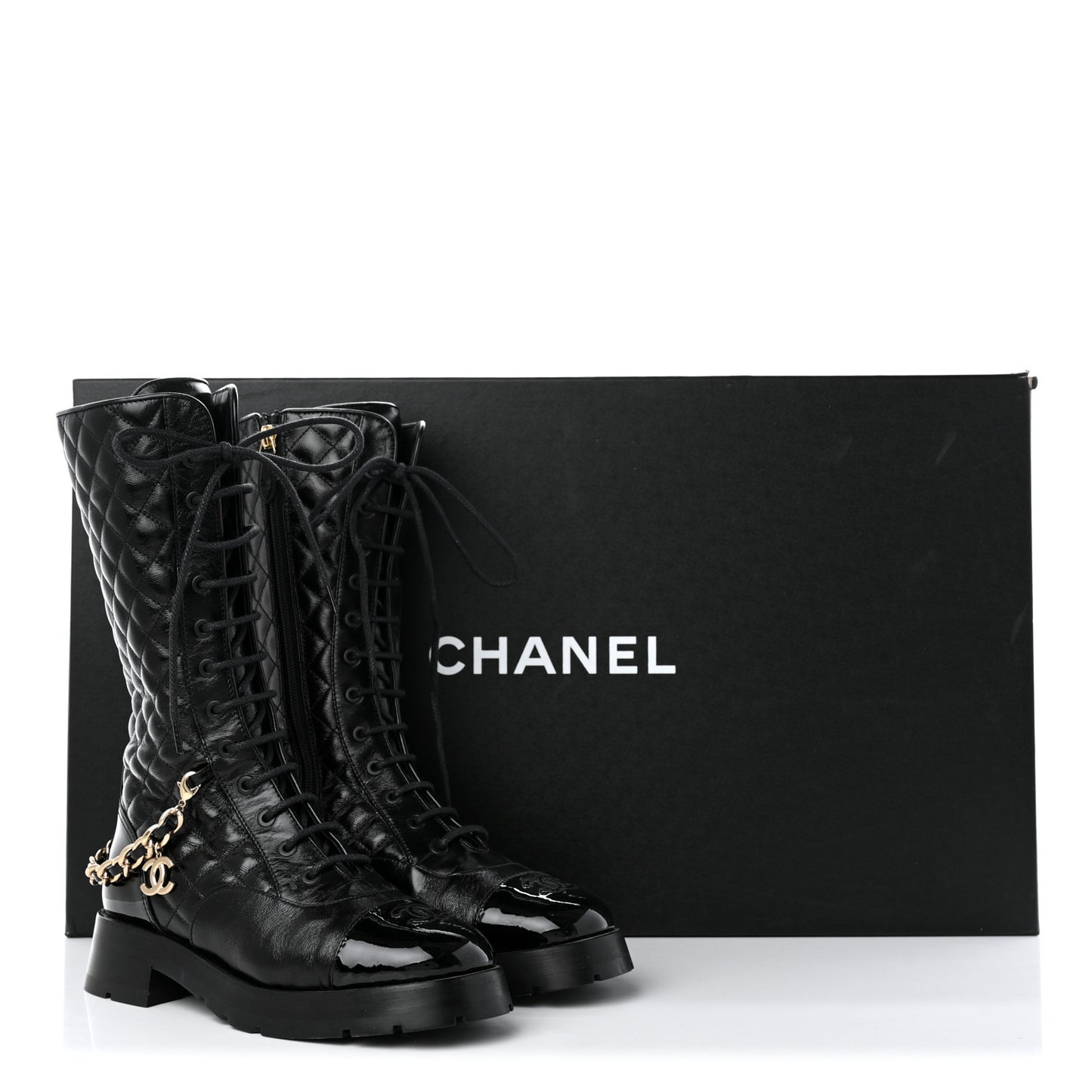 Shiny Calfskin Patent Quilted Chain Lace Up Combat Long Boots 37 Black