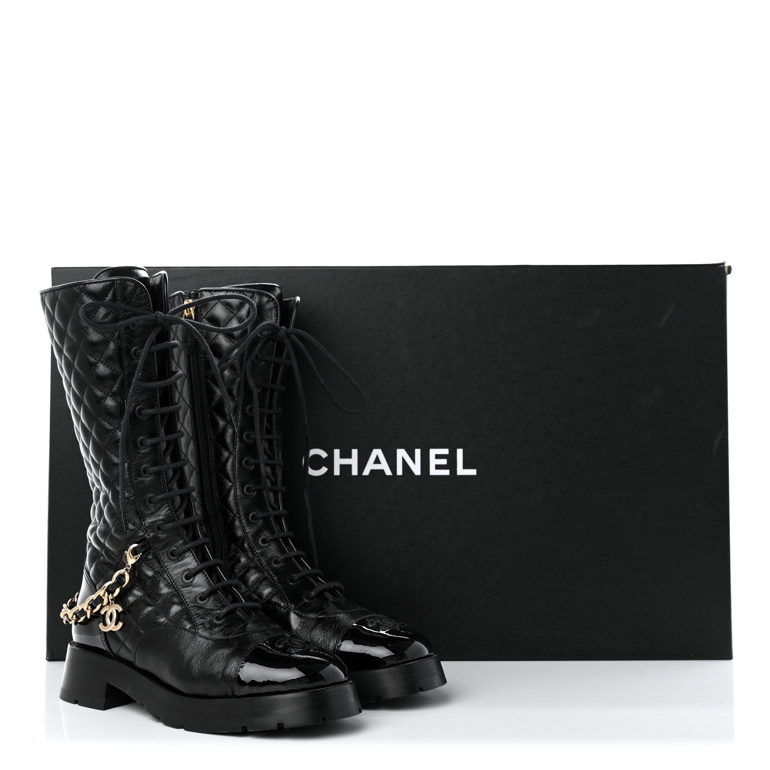 Chanel Shiny Calfskin Patent Quilted Chain Lace Up Combat Long Boots 37 Black 11 of 11