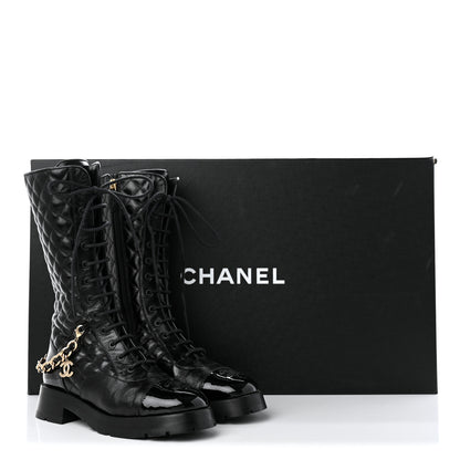 Chanel Shiny Calfskin Patent Quilted Chain Lace Up Combat Long Boots 37 Black 11 of 11