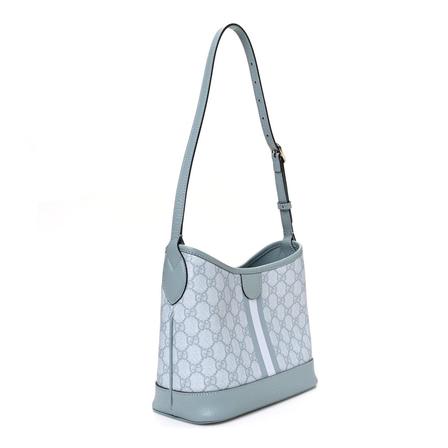 GG Supreme Monogram Textured Dollar Calfskin Web Small Ophidia Bucket Shoulder Bag Dusty Blue
