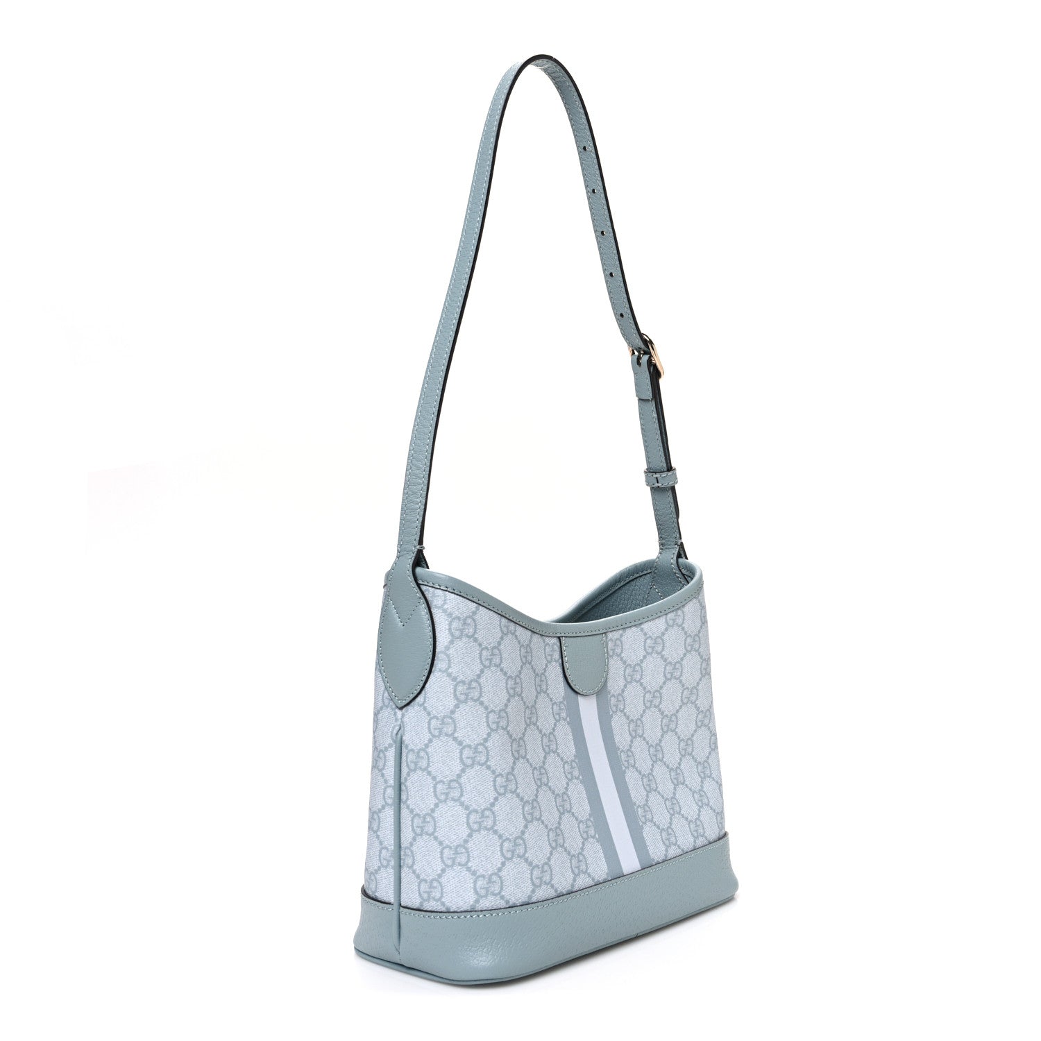 Gucci GG Supreme Monogram Textured Dollar Calfskin Web Small Ophidia Bucket Shoulder Bag Dusty Blue 3 of 10